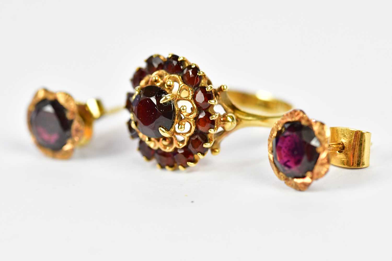 An 18ct yellow gold garnet set dress ring, size K, approx 4g, and a pair of yellow metal garnet - Image 2 of 3