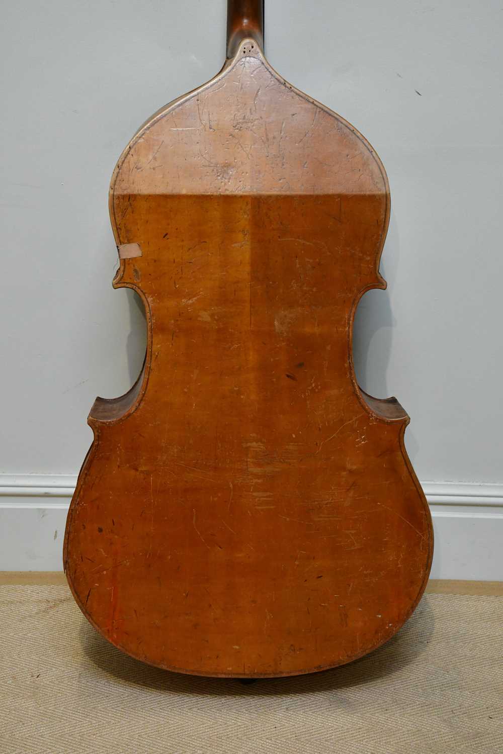 A double bass, possibly German, with two-piece back, 111cm to top of button, in need of restoration. - Image 9 of 25