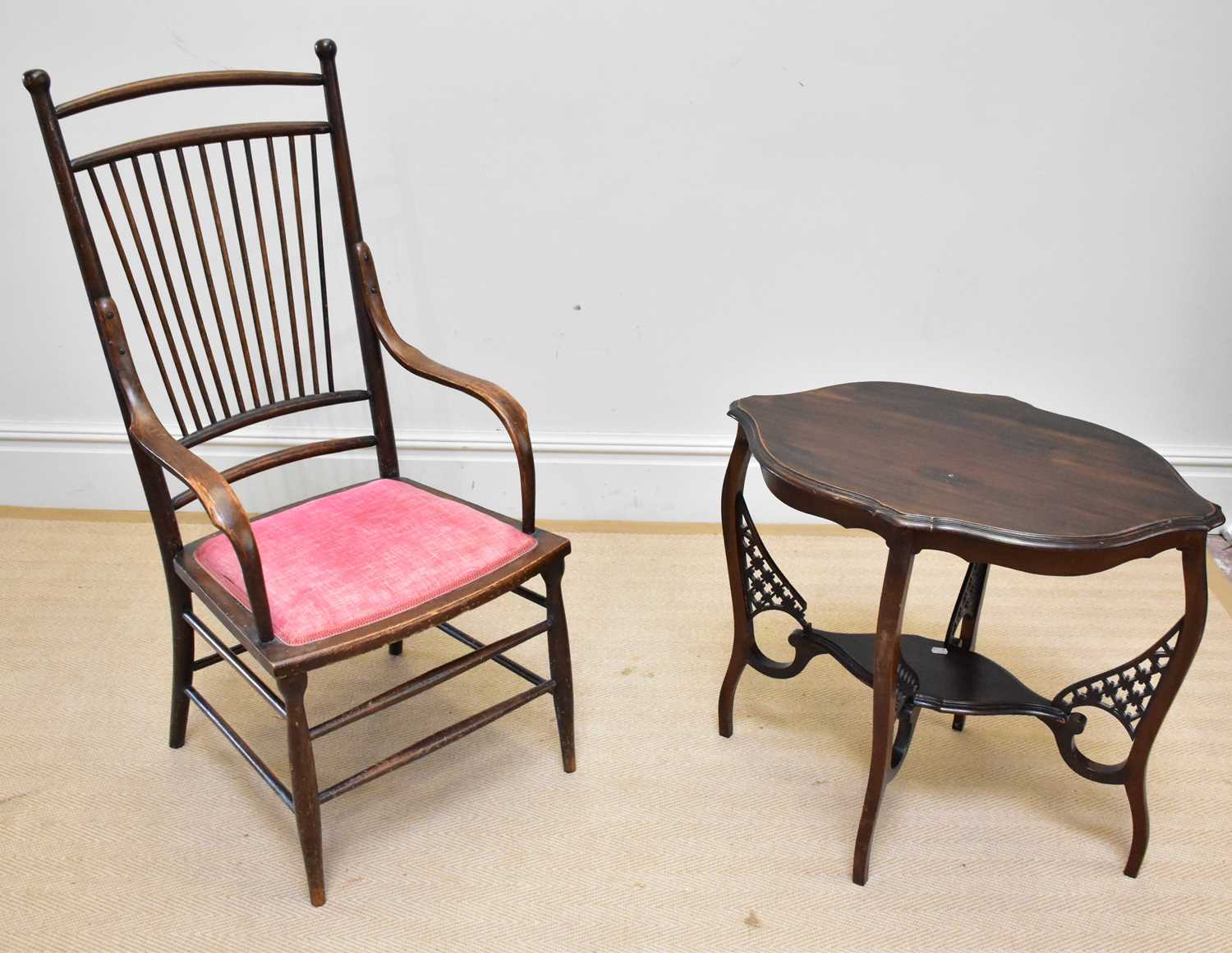 An early 20th century stick back elbow chair on column legs and an Edwardian occasional table (2).