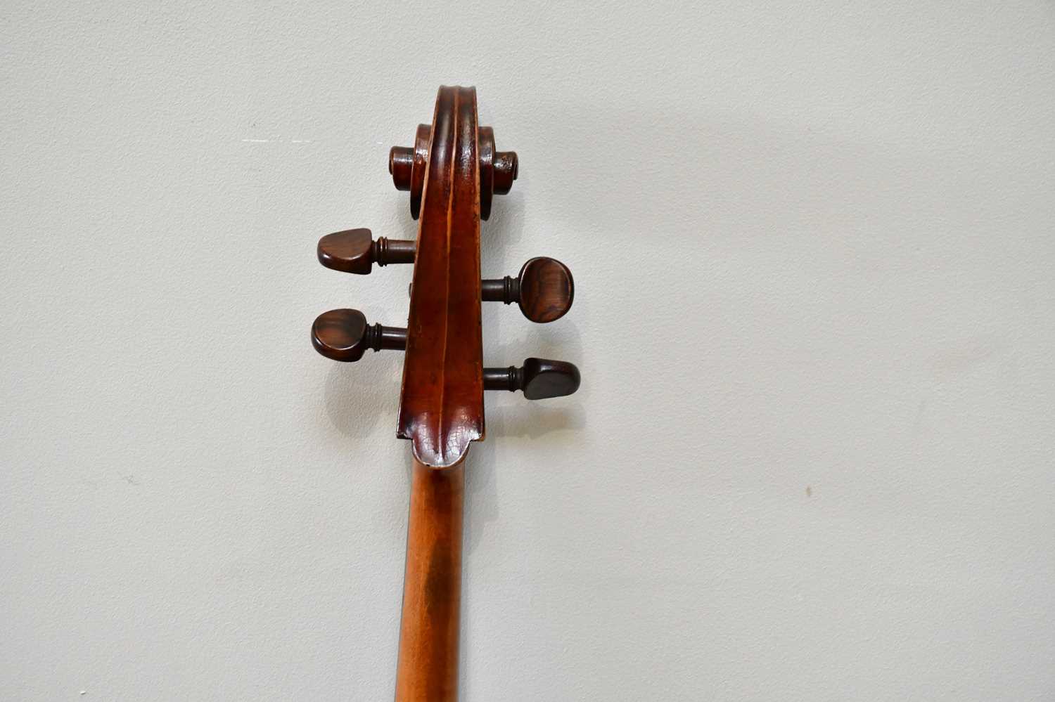 A full size German violoncello with two-piece back, length 75cm, unlabelled, with a silver mounted - Image 6 of 16