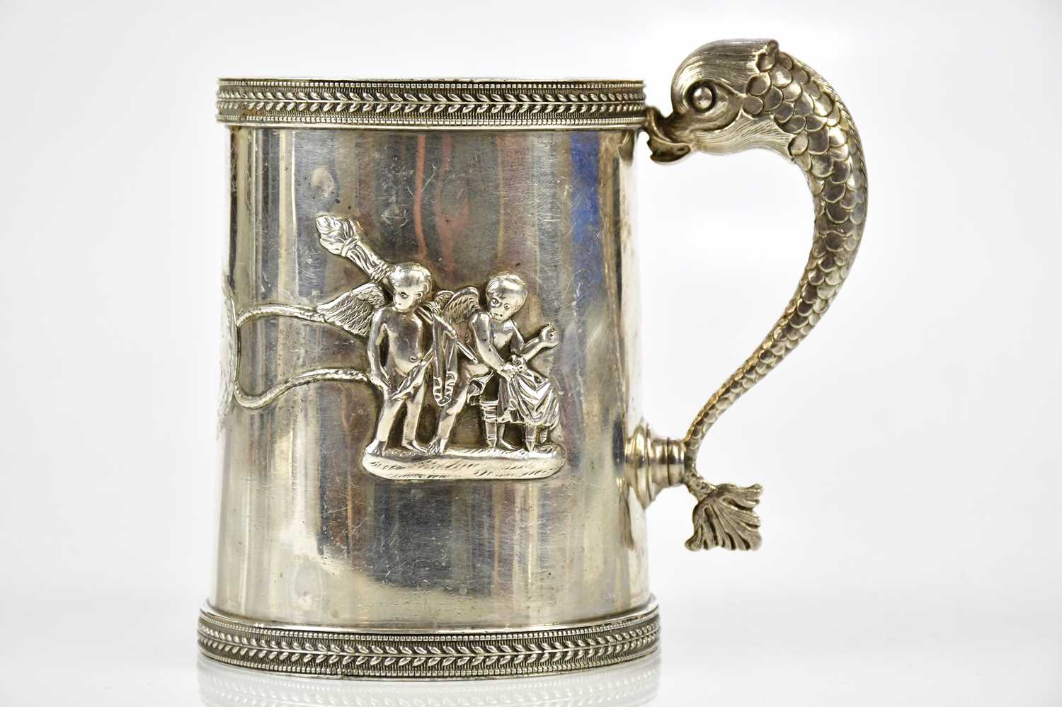 JOHN EMES; a George III hallmarked silver mug, with dolphin handle and cast borders within which - Image 3 of 6