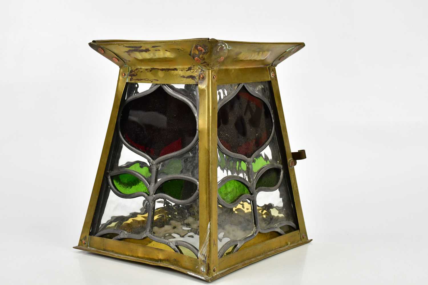 An Arts and Crafts style brass framed hanging lantern with leaded glass panels, height 23cm. - Image 2 of 2