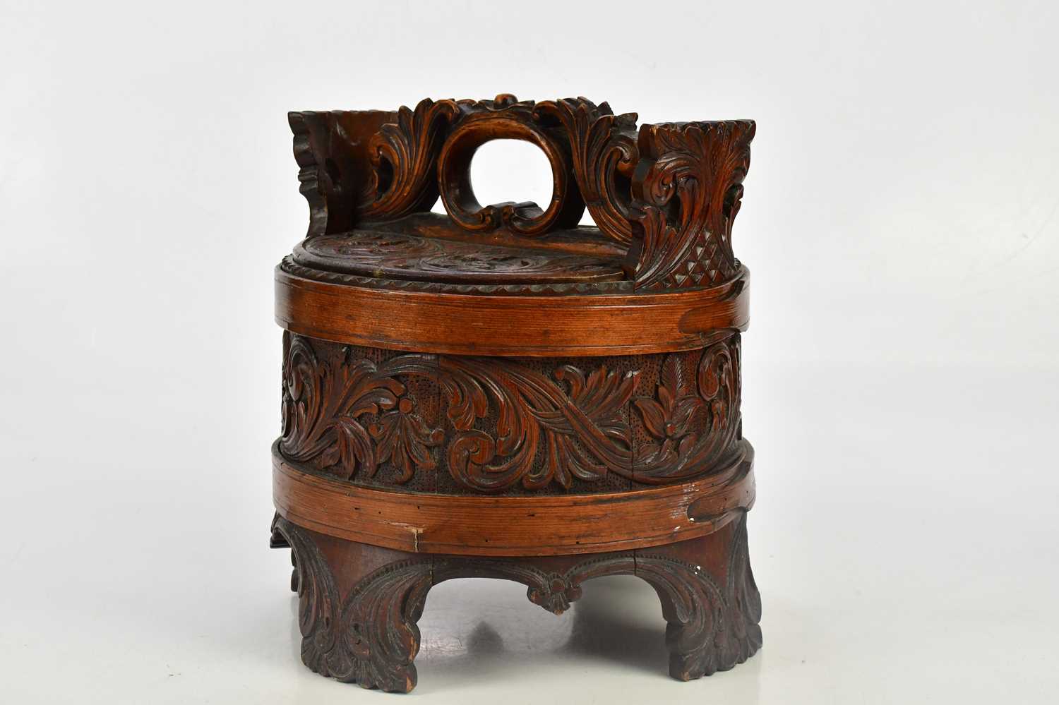 A Chinese carved wood wedding basket, height 29cm.