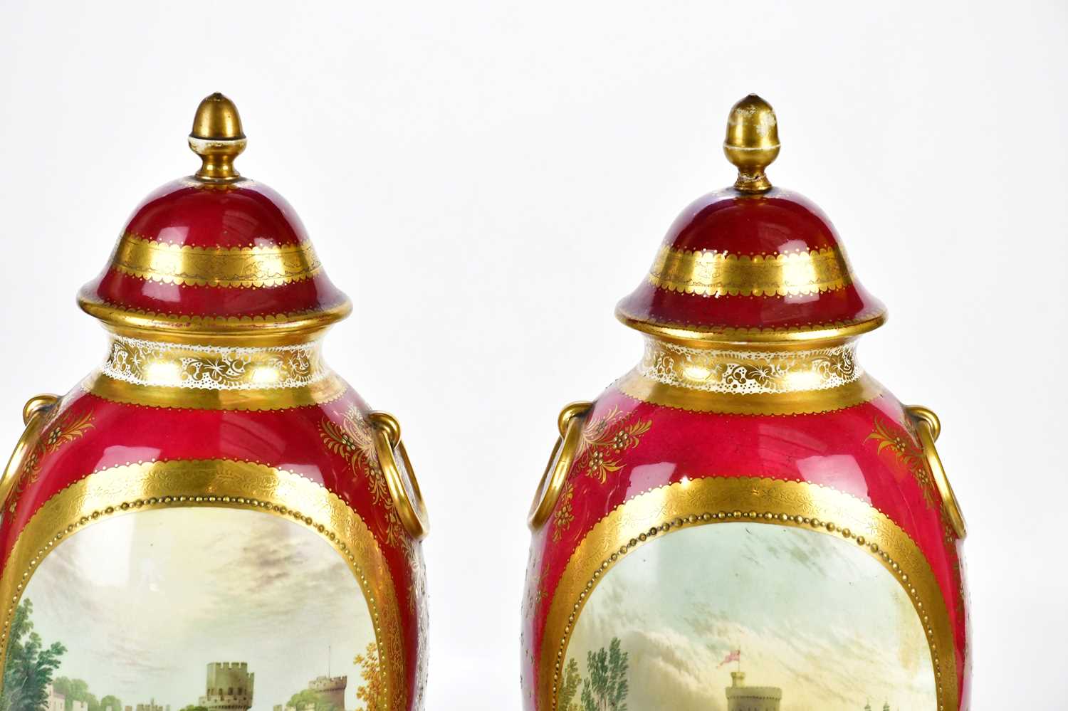 A pair of 19th century Staffordshire ovoid vases and covers, hand painted with scenes of Windsor - Image 2 of 6