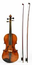 A full size German violin with two-piece back length 36cm, unlabelled, cased with two bows.