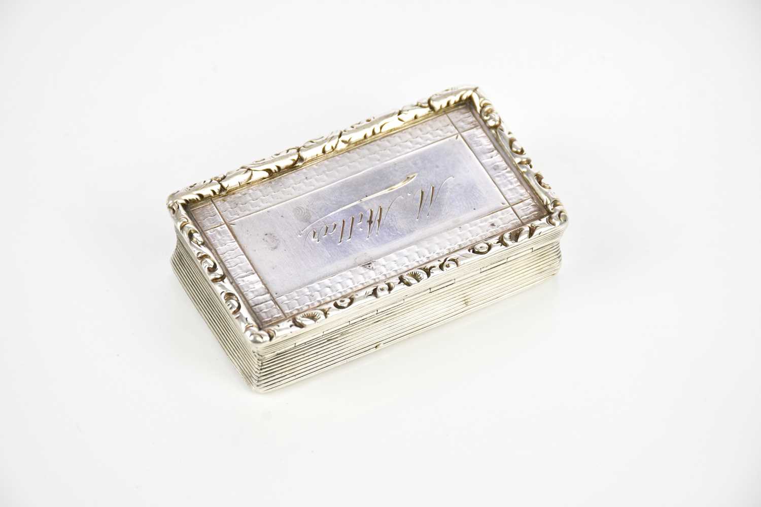 FRANCIS CLARK; a Georgian hallmarked silver snuff box inscribed 'M. Millen', Birmingham 1834, approx - Bild 2 aus 4