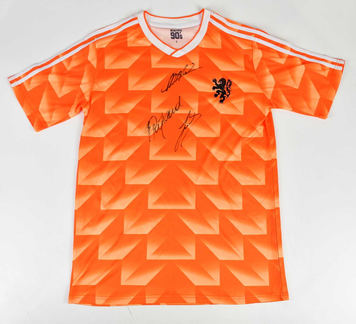 NETHERLANDS; a 1988 retro style signed football shirt, signed to the front by Rijkaard, Gullit and