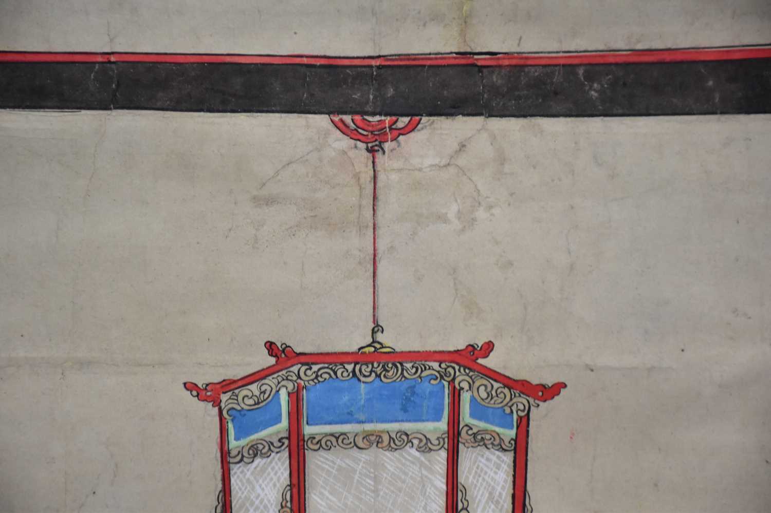 A 19th century Chinese hand painted ancestral portrait depicting elders sitting beside objects, - Image 3 of 3