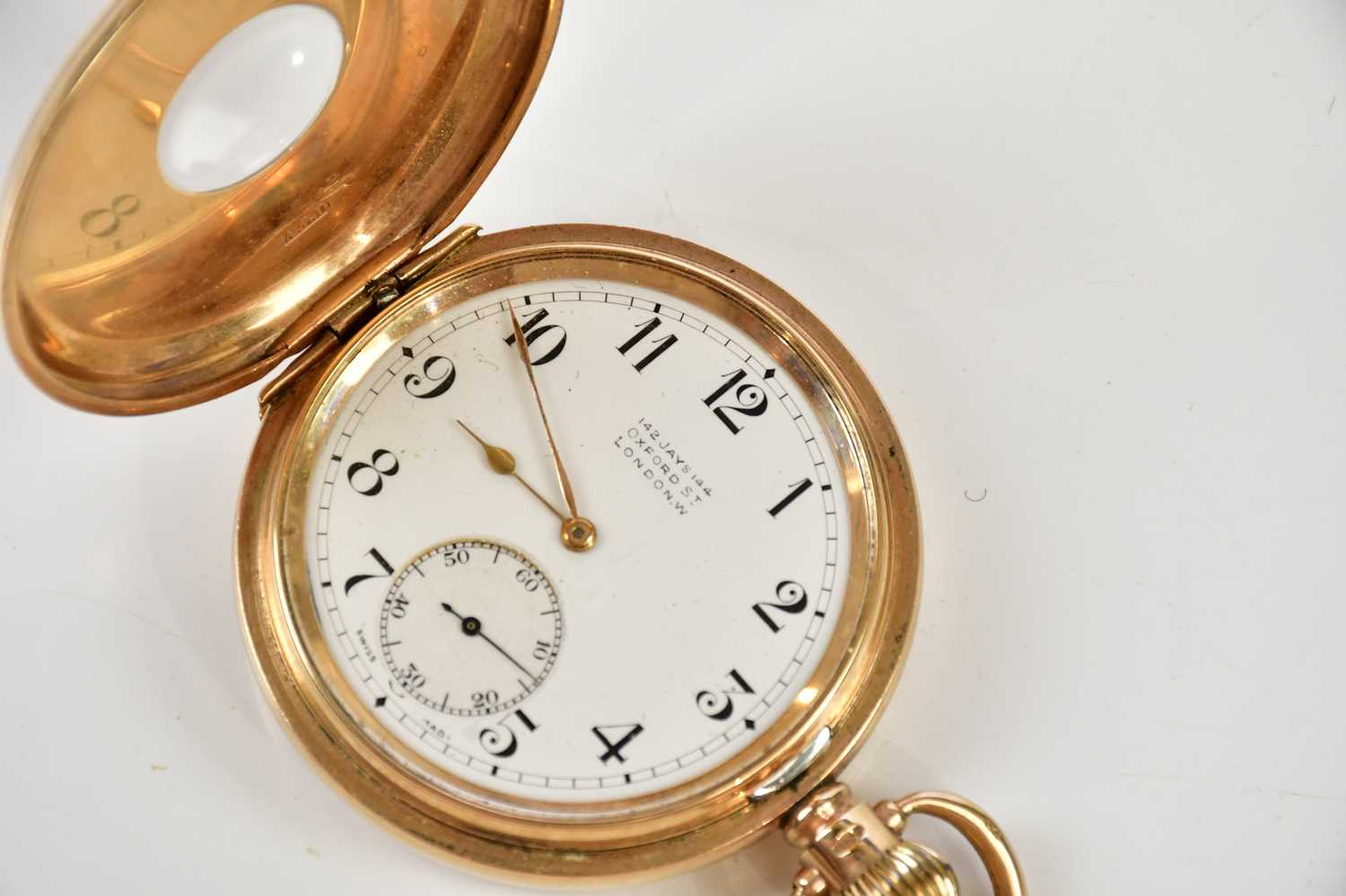 A 9ct gold crown wind half hunter pocket watch, the enamel dial signed '142 J Jays 144 Oxford Street - Image 2 of 4