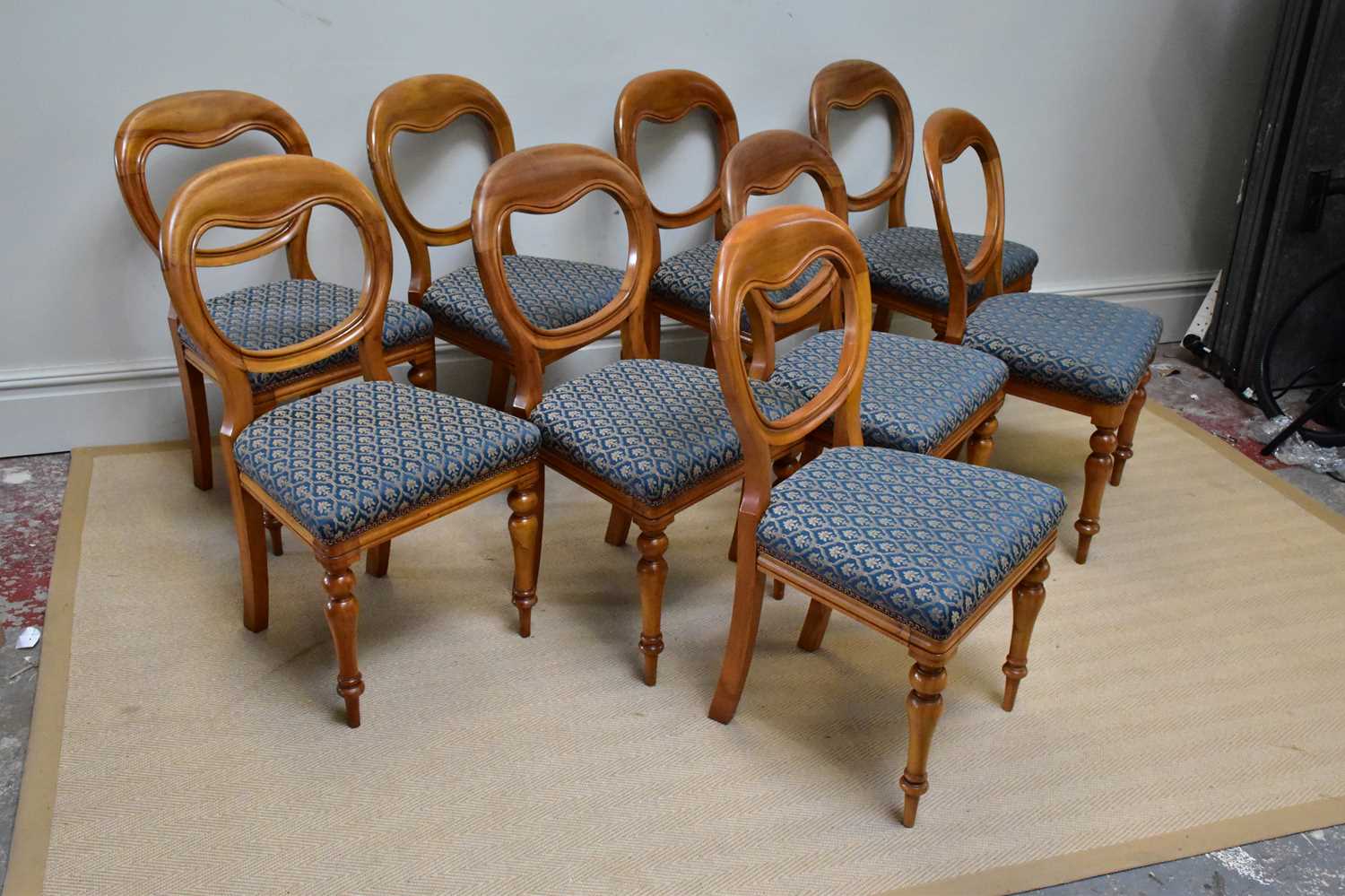 A set of nine Victorian balloon back dining chairs on turned column supports. - Image 2 of 4