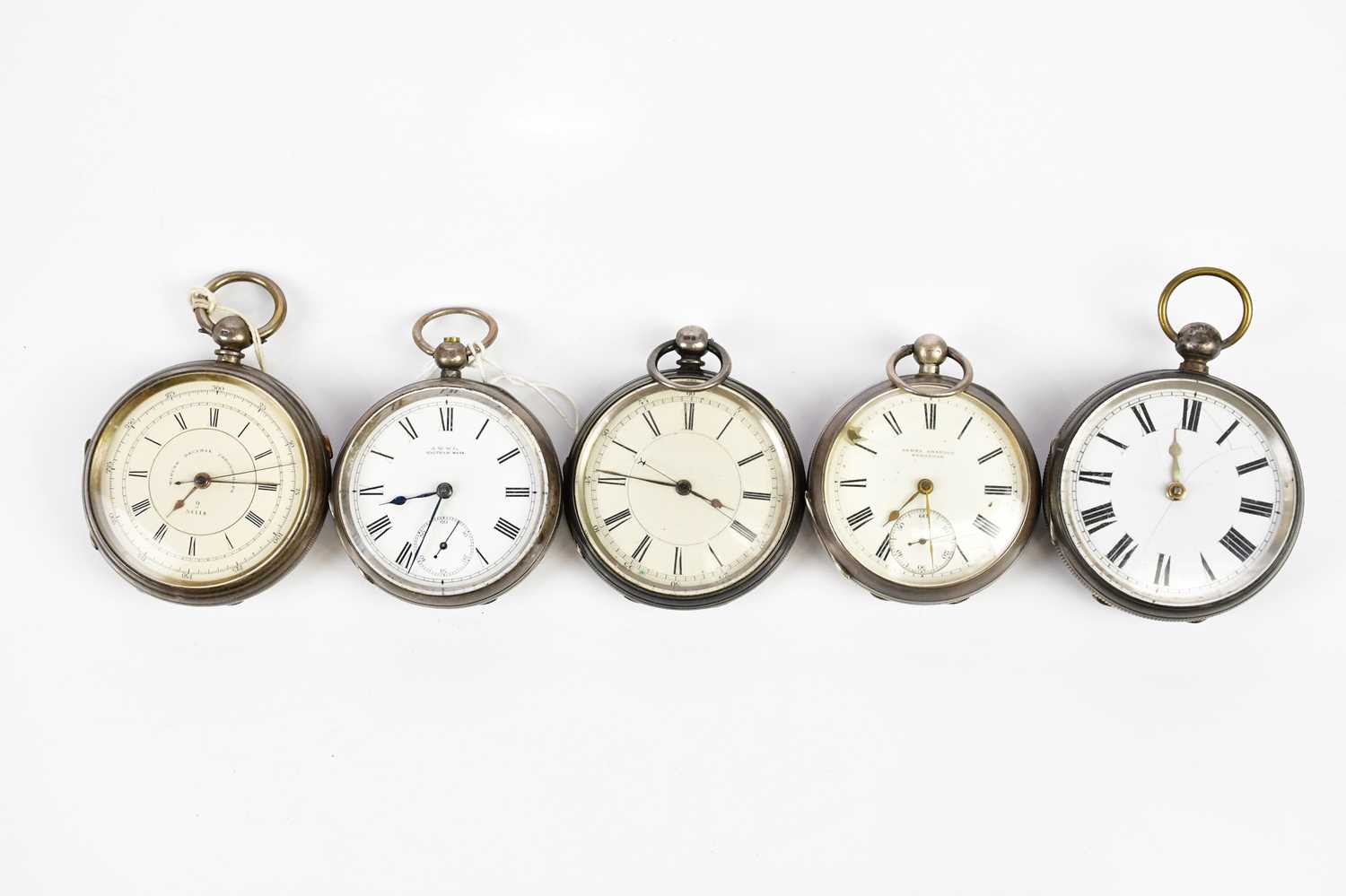 Five hallmarked silver key wind open faced pocket watches including a Marine Decimal chronograph,