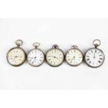 Five hallmarked silver key wind open faced pocket watches including a Marine Decimal chronograph,