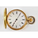 An 18ct yellow gold crown wind half hunter fob watch, the enamel dial set with Roman numerals,