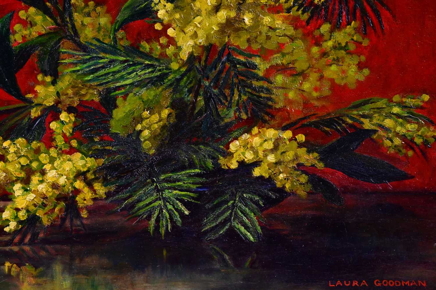 † LAURA GOODMAN; oil on board, still life study of mimosa flowers, signed lower right, 34 x 44cm, - Image 2 of 4