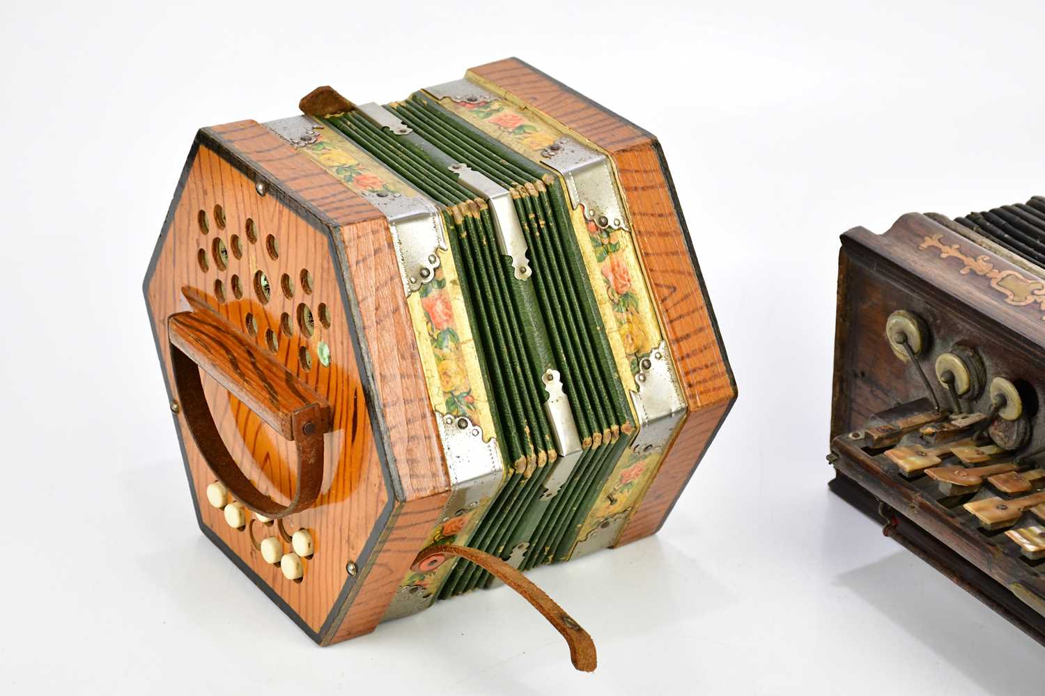 A Commander concertina, an inlaid rosewood squeezebox with mother of pearl keys and a vintage - Image 3 of 4