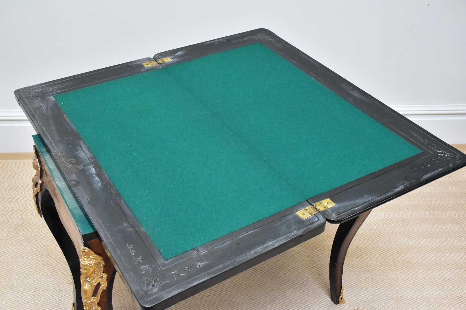 A 19th century ebonised and rosewood gilt metal mounted fold-over games table, with porcelain oval - Image 3 of 4