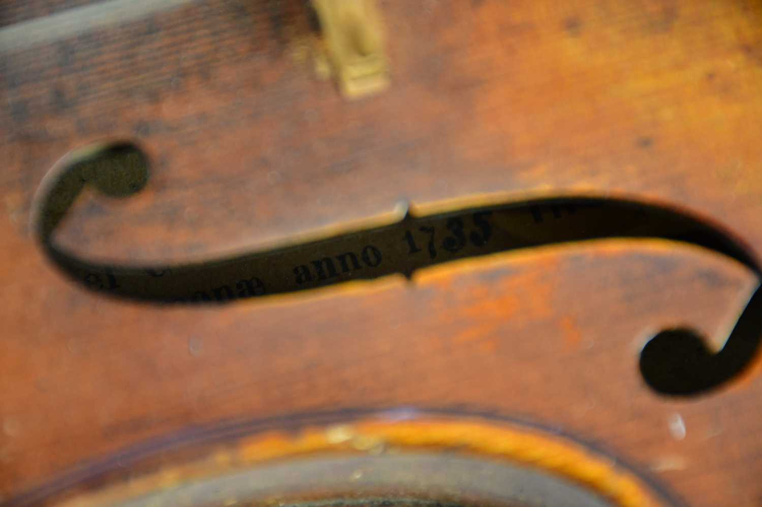 A full size German violin, Guarnerius copy with two-piece back length 35.6cm, cased with a bow. - Image 9 of 18