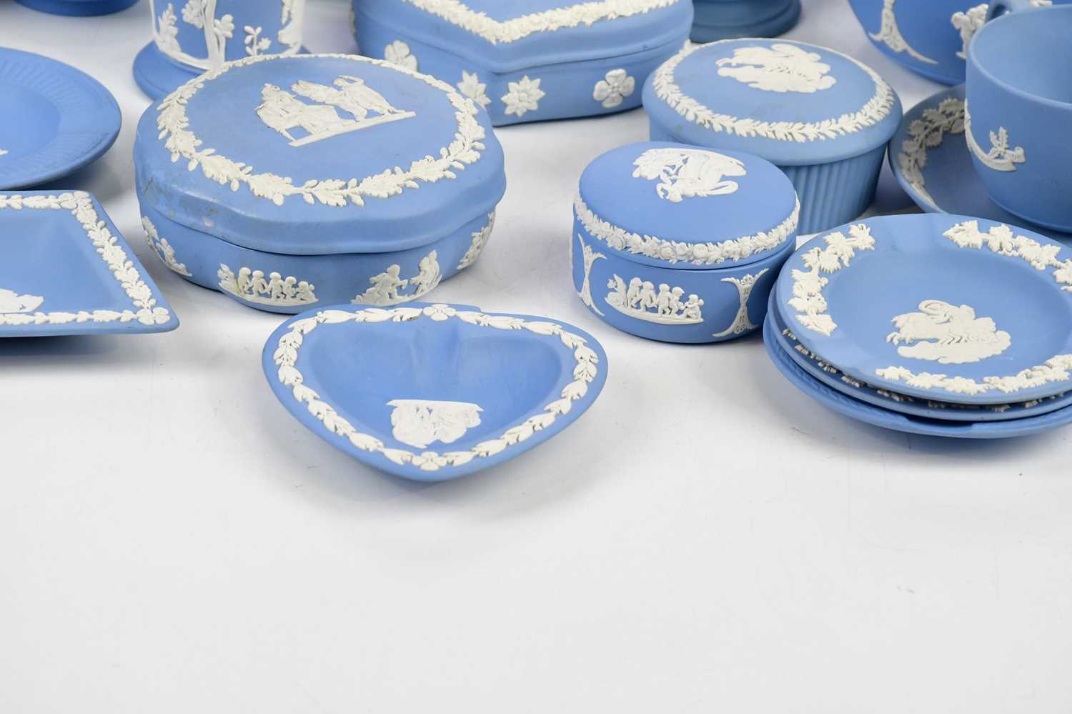 WEDGWOOD; a collection of jasperware including trinket boxes, clock, dishes, candlesticks, etc. - Image 4 of 5