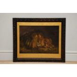 AFTER GEZA VESTAGH (1866-1919); oil on board, lion and lioness sleeping, signed 'BW' and dated 1901,