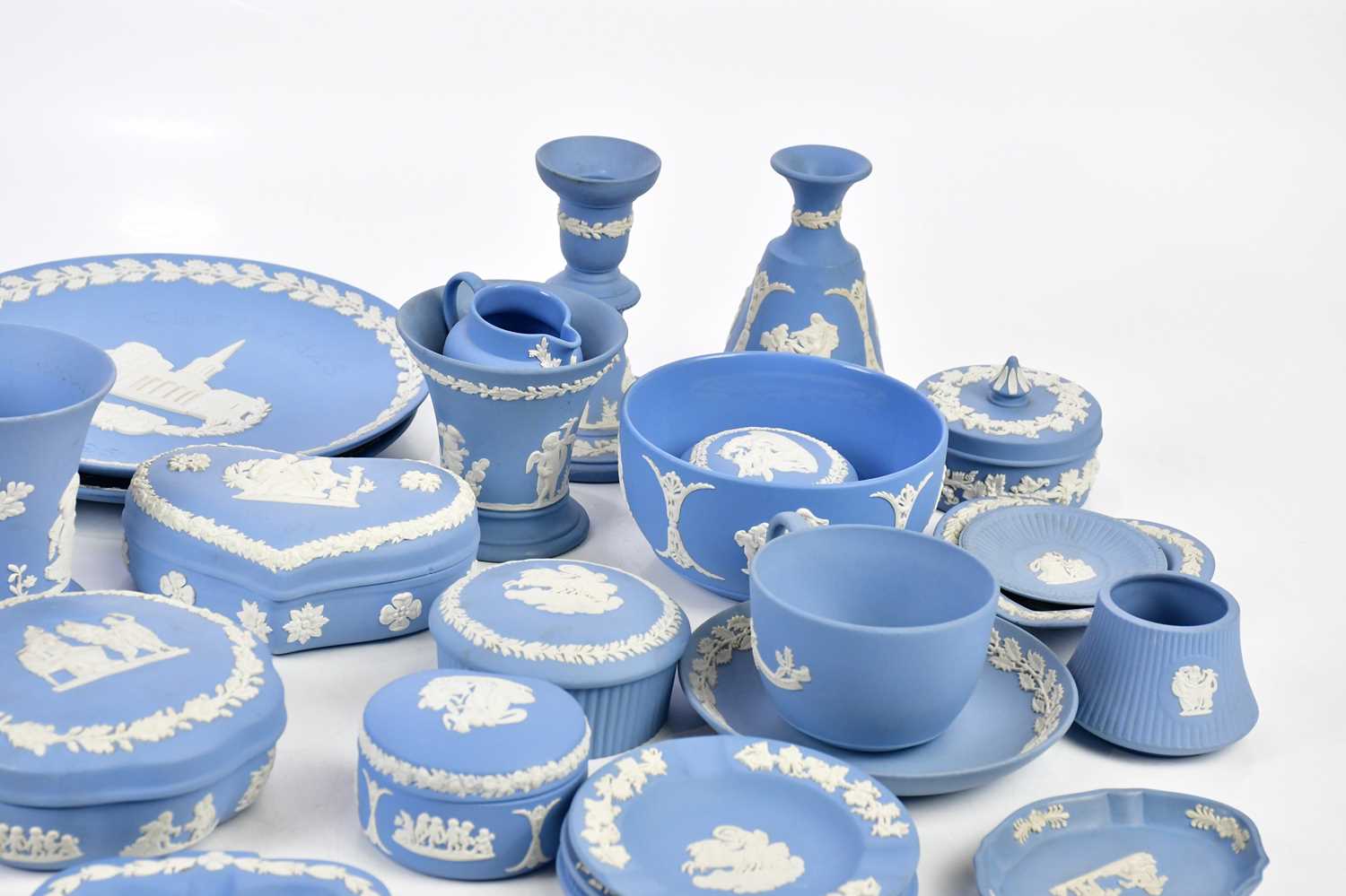 WEDGWOOD; a collection of jasperware including trinket boxes, clock, dishes, candlesticks, etc. - Image 3 of 5