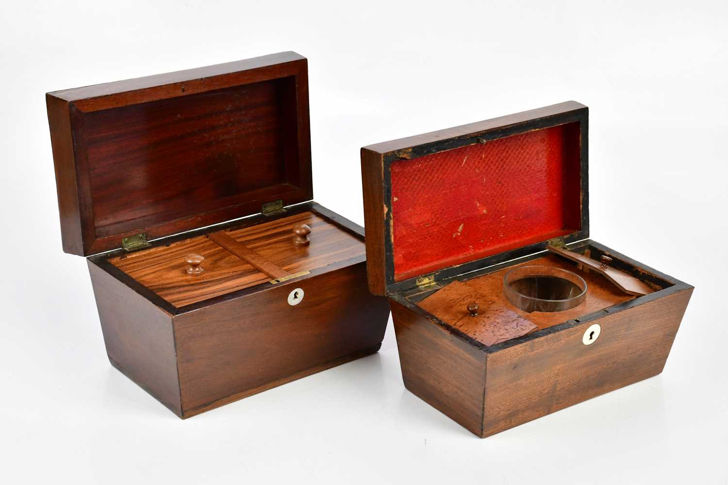 Two Victorian mahogany sarcophagus shaped tea caddies, the larger example with mother of pearl - Image 2 of 3