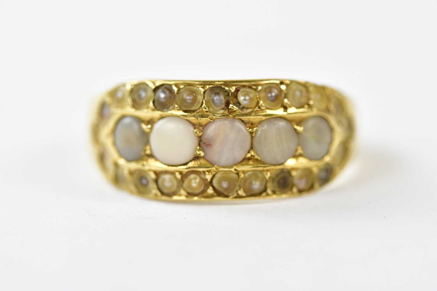 A Victorian 18ct yellow gold seed pearl set dress ring, size M, approx weight 4.4g.