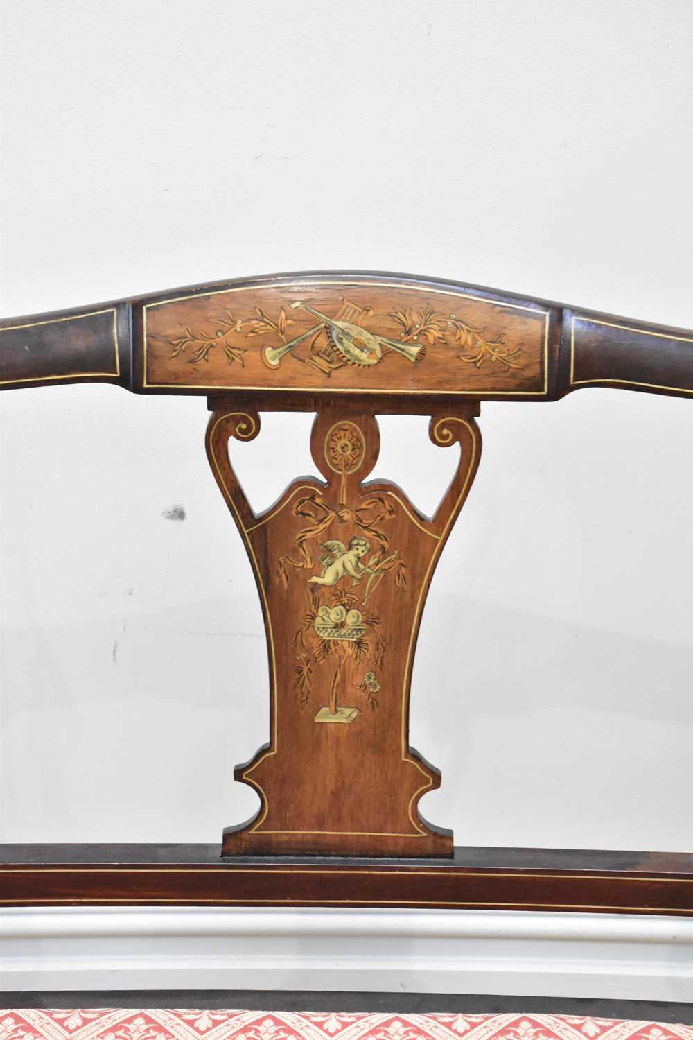 An Edwardian inlaid mahogany three piece salon suite comprising settee and two elbow chairs (3). - Image 2 of 5