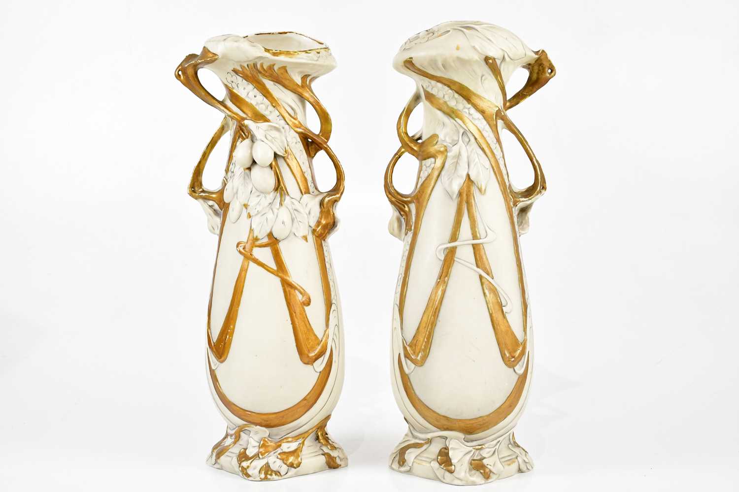 ROYAL DUX; a pair of Art Nouveau twin handled vases, relief decorated with fruit, height 39cm (2). - Image 2 of 5