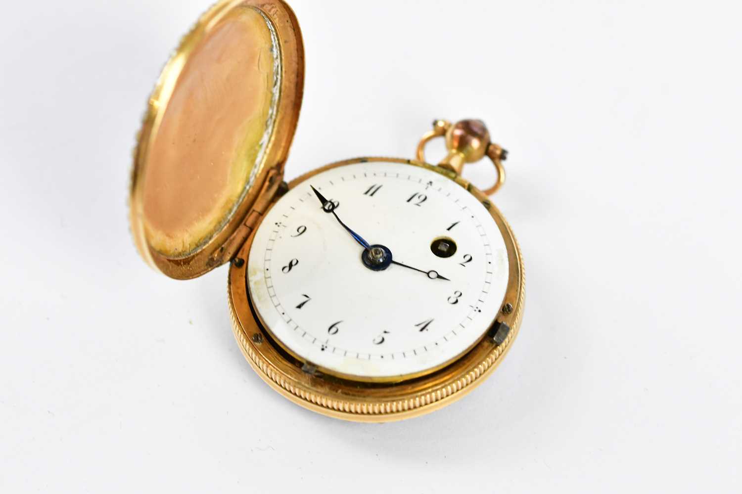 An early 20th century yellow metal and enamelled cased lady's full hunter fob watch, set with seed - Image 2 of 14