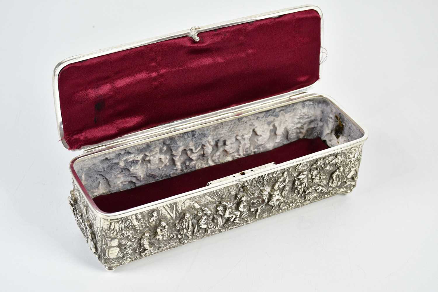 A Continental white metal casket of rectangular form embossed with tavern scenes and figures on - Image 3 of 6