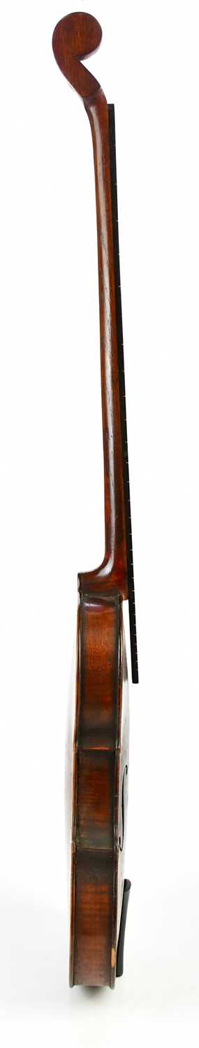 An unusual violin with long fretted fingerboard, the main body with one-piece back measuring 36cm, - Image 4 of 10