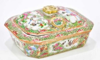 A late 19th century Chinese Canton Famille Rose soap dish and cover of shaped rectangular form,