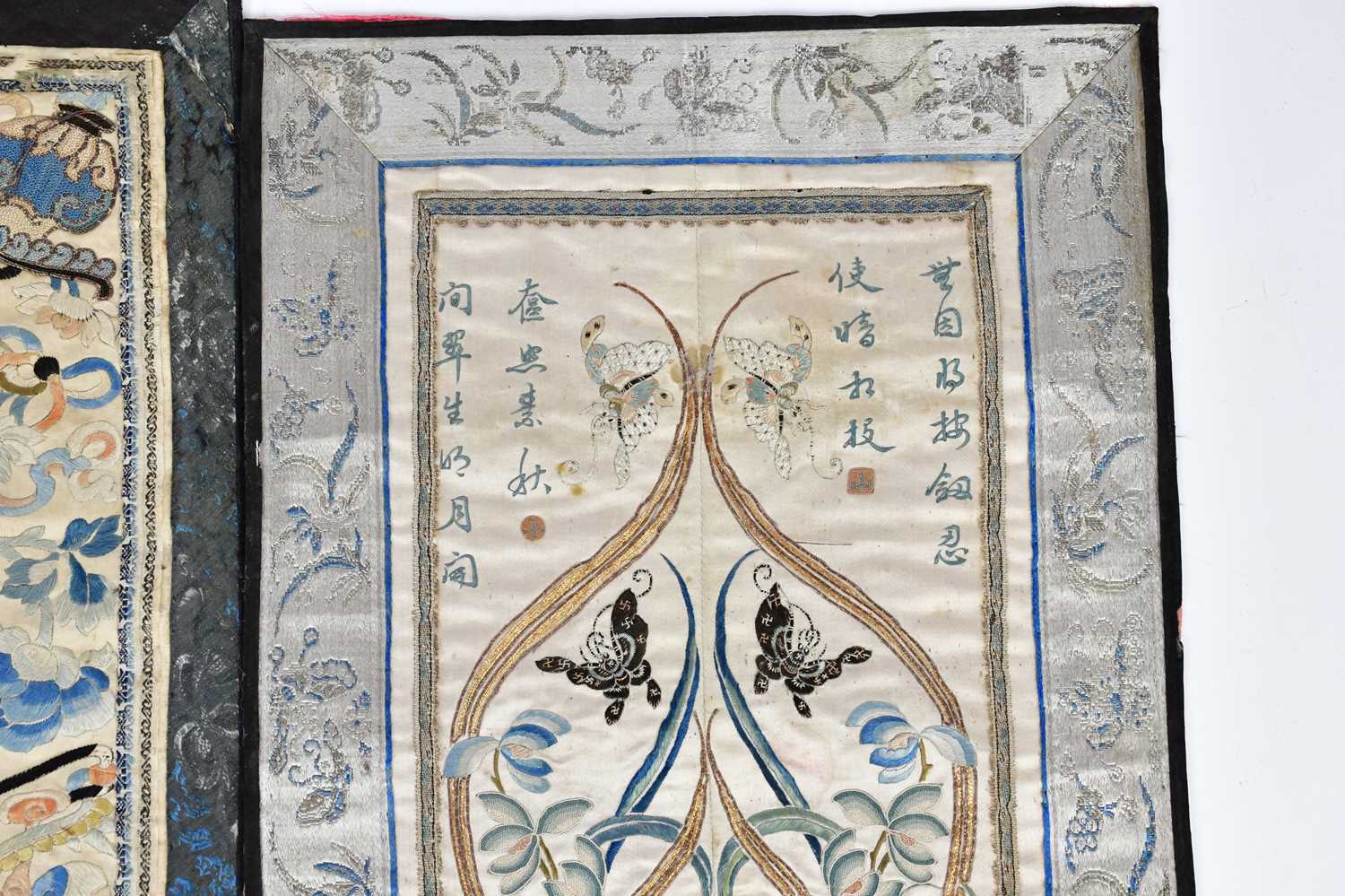 Two Chinese silk panels, including an example which bears signature, decorated with insects and - Image 7 of 13