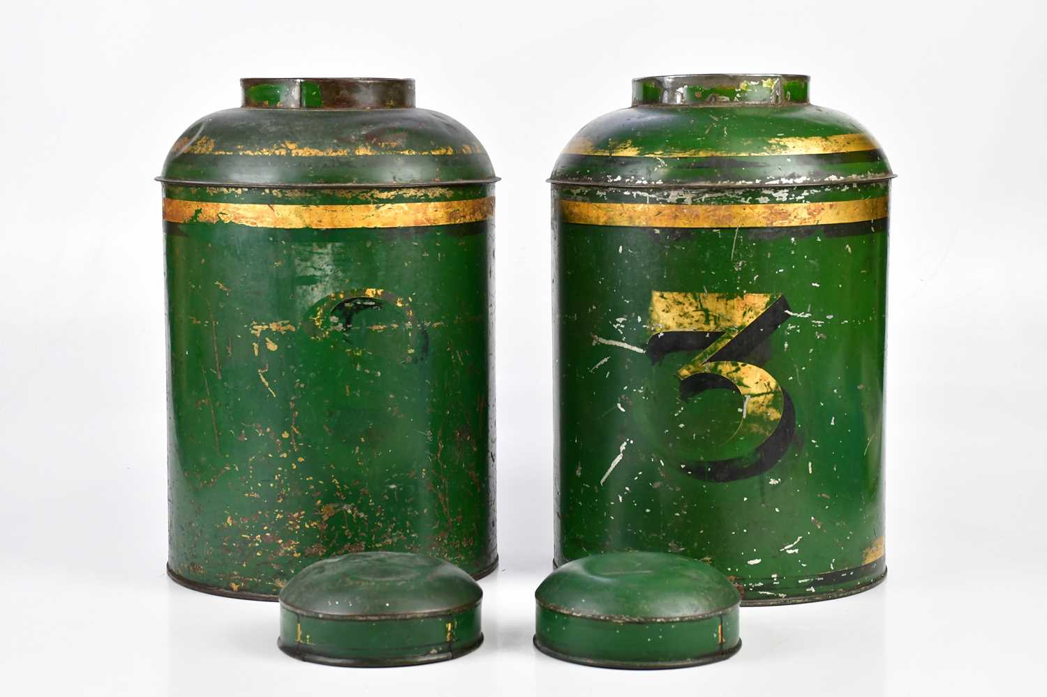 A pair of Victorian green painted cylindrical tea canisters, one example gilded with a numeral ' - Image 2 of 4