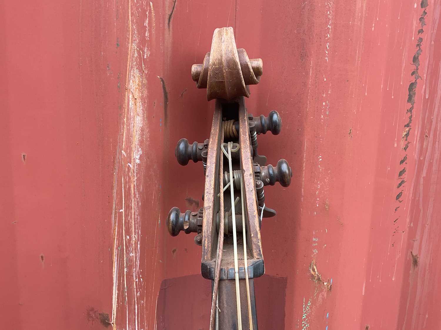 A double bass, possibly German, with two-piece back, 111cm to top of button, in need of restoration. - Image 20 of 25