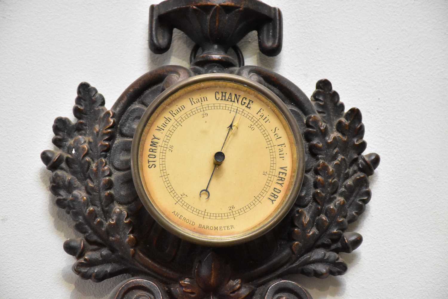 A Victorian cast bronzed metal combination clock, barometer and thermometer, length 65cmn, with a - Image 3 of 11