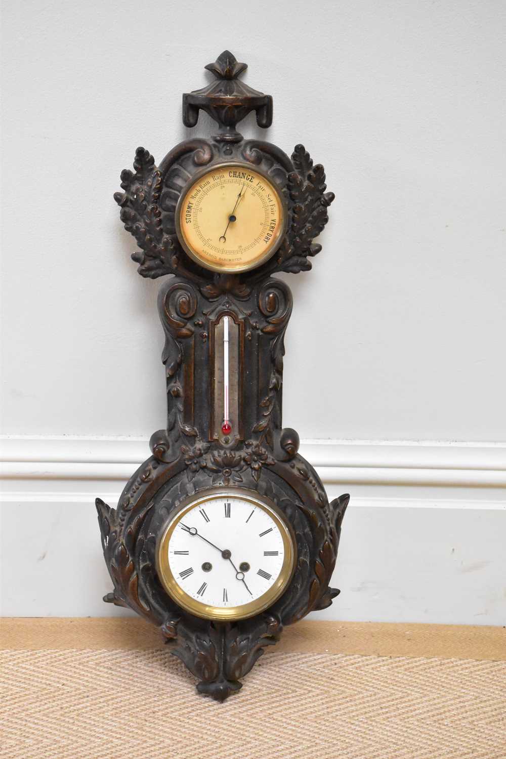 A Victorian cast bronzed metal combination clock, barometer and thermometer, length 65cmn, with a - Image 10 of 11