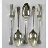 WA; a set of three George V hallmarked silver spoons, together with two forks, Sheffield 1934,