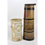 A coopered oak butter churn, height 64cm, together with a stoneware water filter, height 38cm (2)