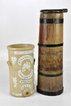 A coopered oak butter churn, height 64cm, together with a stoneware water filter, height 38cm (2)