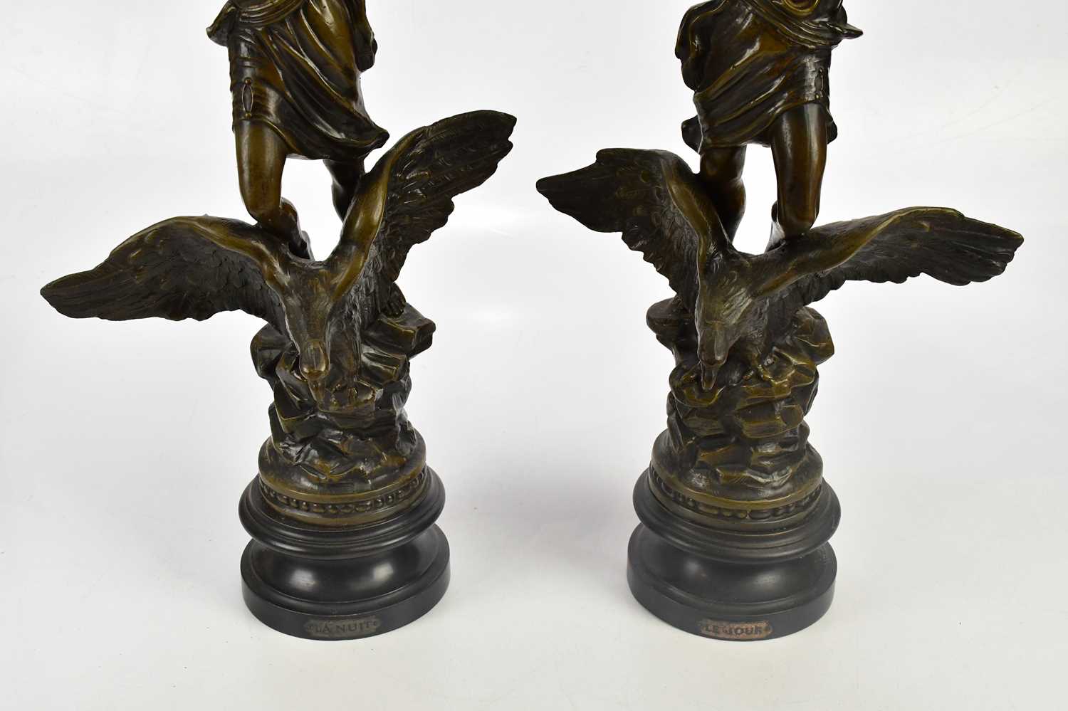 A pair of early 20th century bronzed figures, 'Le Jour' and 'La Nuit', on socle bases, height - Image 3 of 5
