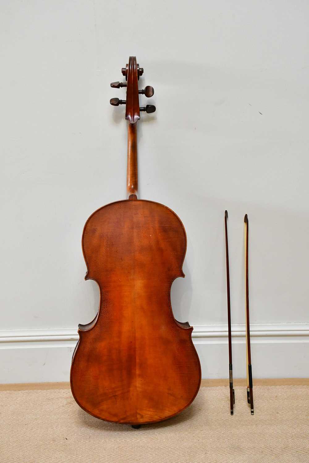 A full size German violoncello with two-piece back, length 75cm, unlabelled, with a silver mounted - Image 5 of 16