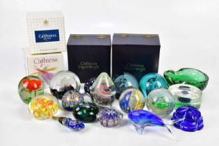 A collection of paperweights including Caithness examples, a Whitefriars bubble glass bowl, etc.