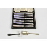 VINERS; a cased set of six hallmarked silver handled butter knives, with a silver plated food pusher