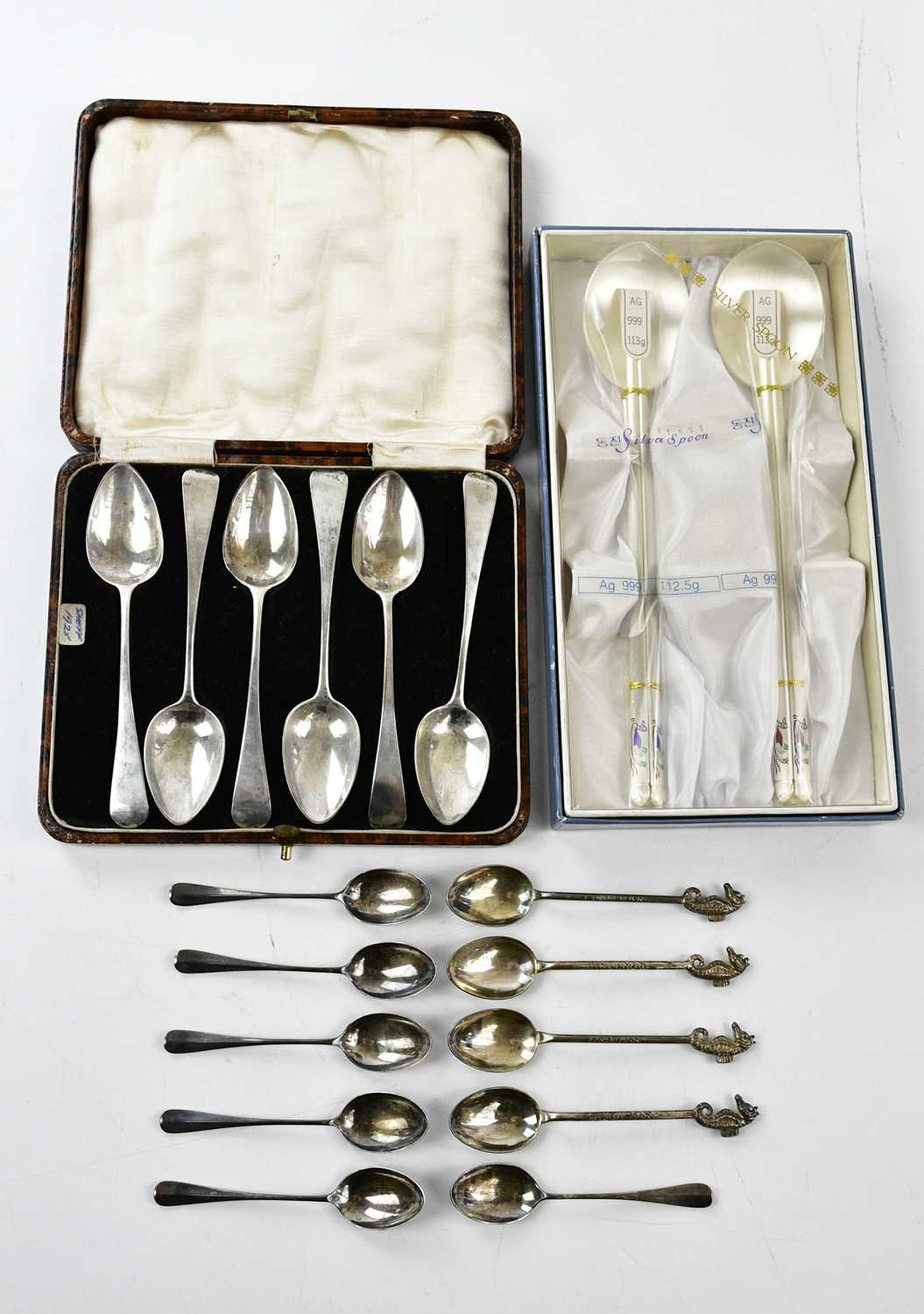 A set of six Georgian hallmarked silver teaspoons in later case, also a set of six coffee spoons,
