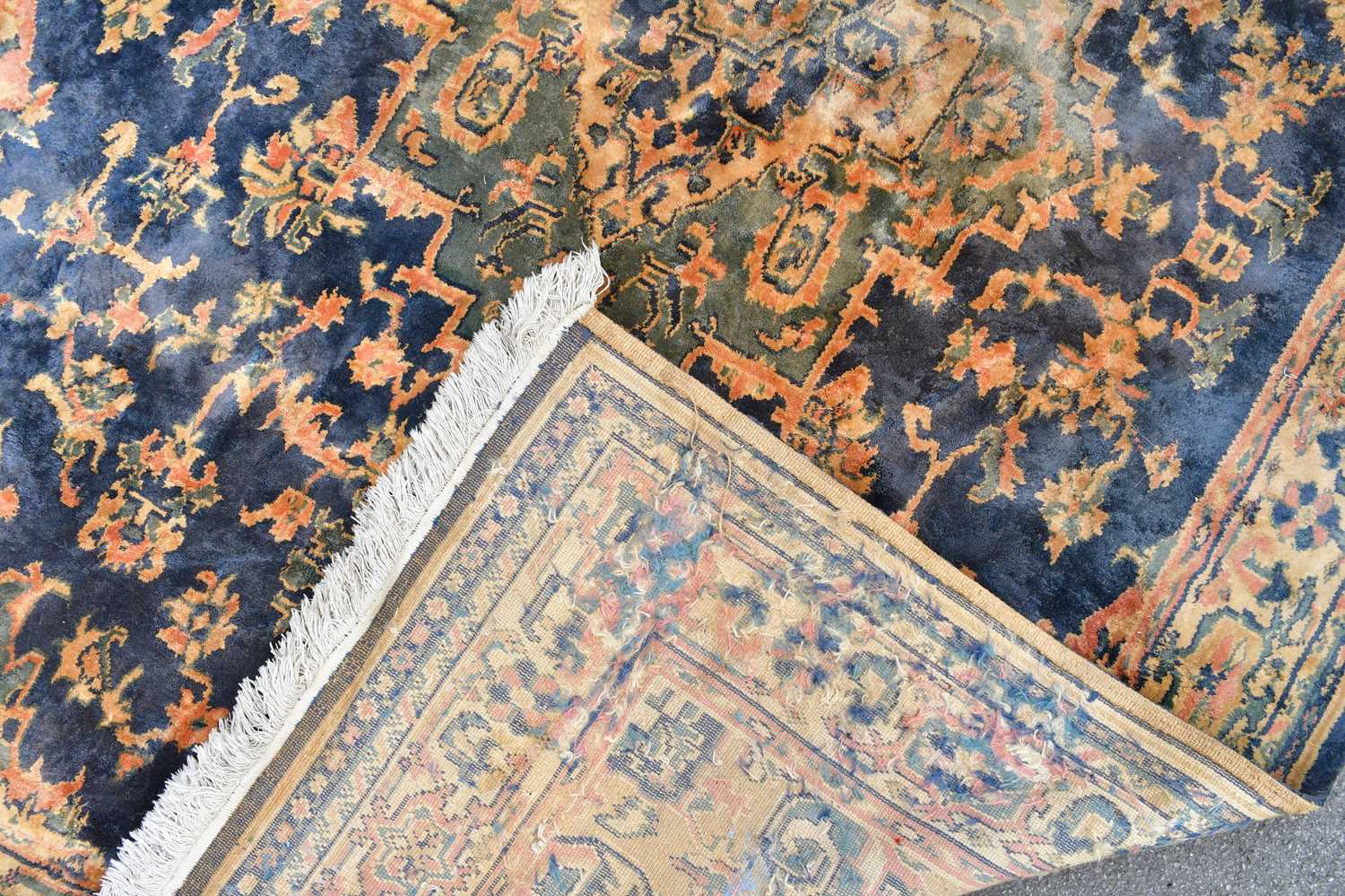 A decorative eastern style rug with floral decoration on blue and orange ground 270cm x 182cm. - Image 2 of 3