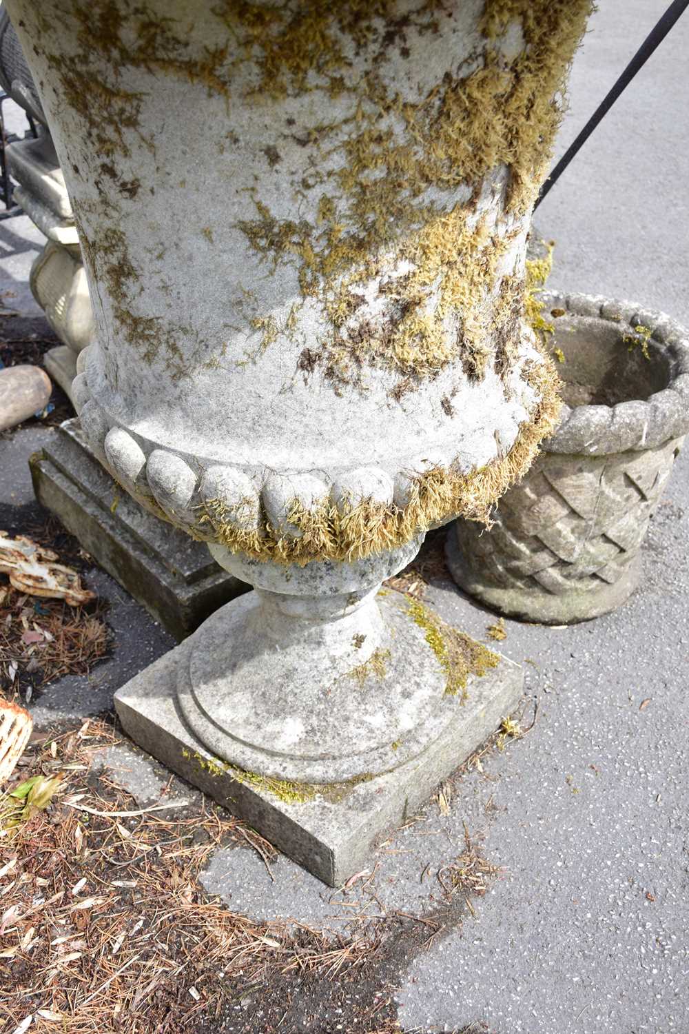 A Victorian stone garden urn on square stepped plinth, height 109cm. Condition Report: Urn looks - Image 3 of 6