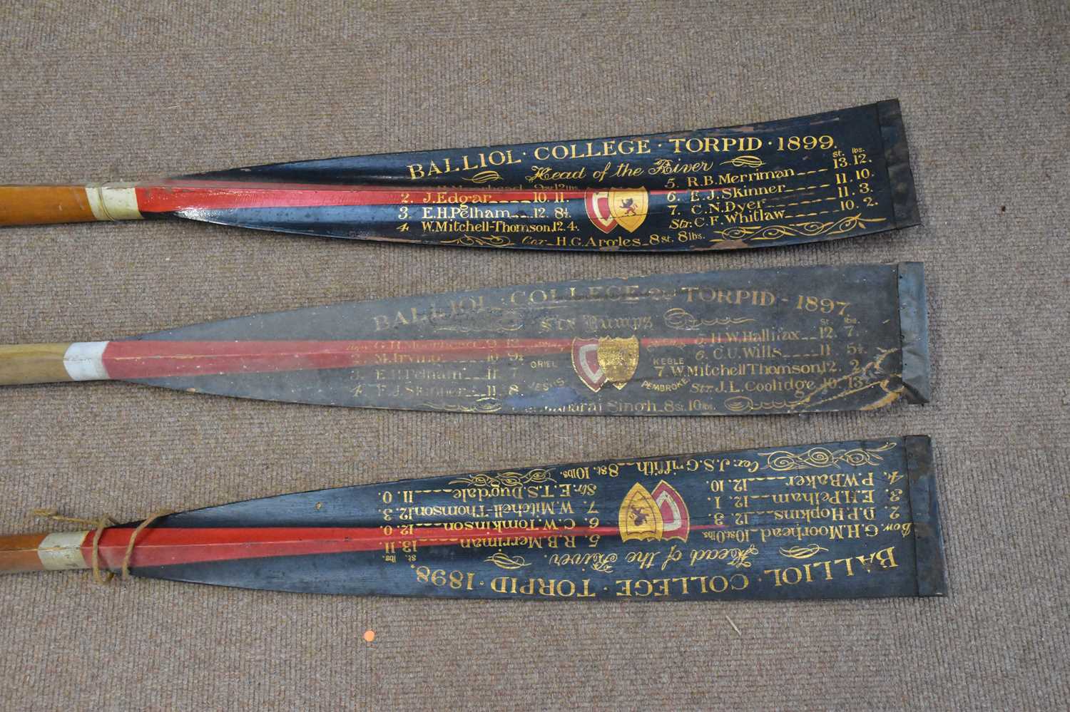 BALLIOL COLLEGE TORPID; three late 19th century named and dated college rowing oars, dated to