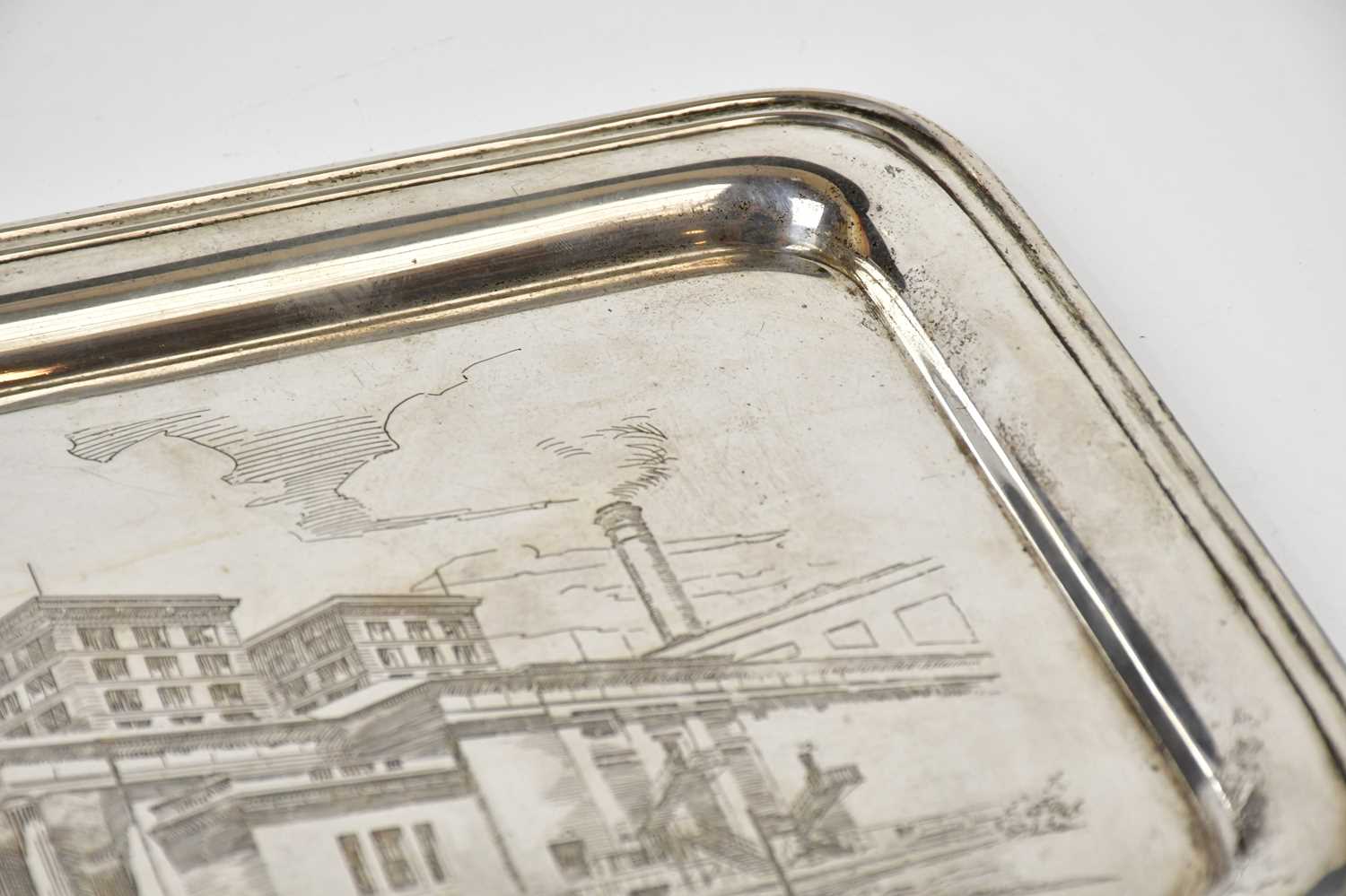 A sterling silver rectangular tray with engraved decoration of the N.G.R School House America, - Image 3 of 5