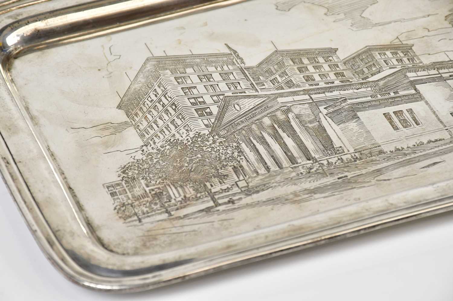 A sterling silver rectangular tray with engraved decoration of the N.G.R School House America, - Image 2 of 5